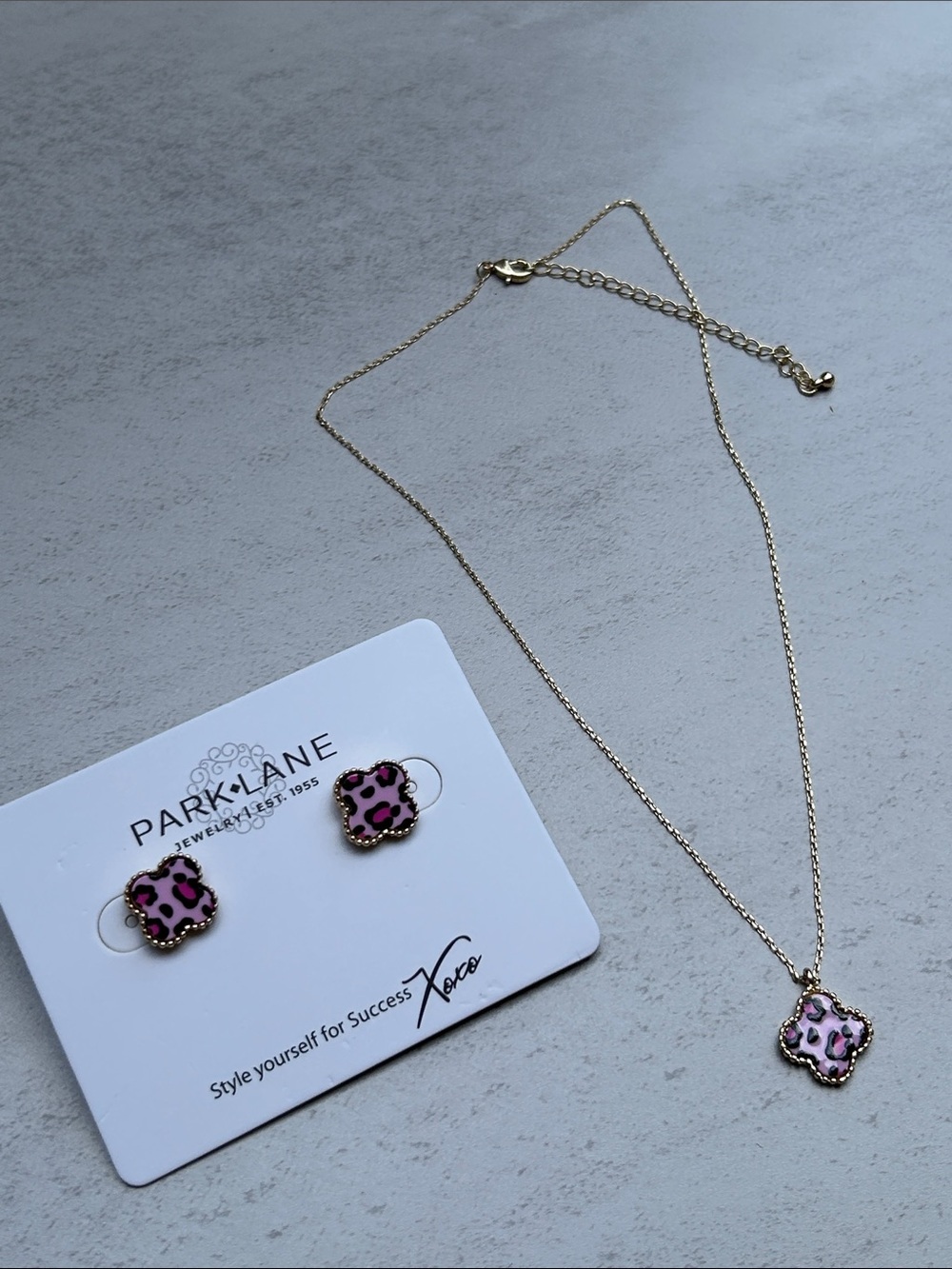 Park Lane Gold-Tone Pink Leopard Clover Necklace & Stud Earrings - Picture 2 of 7